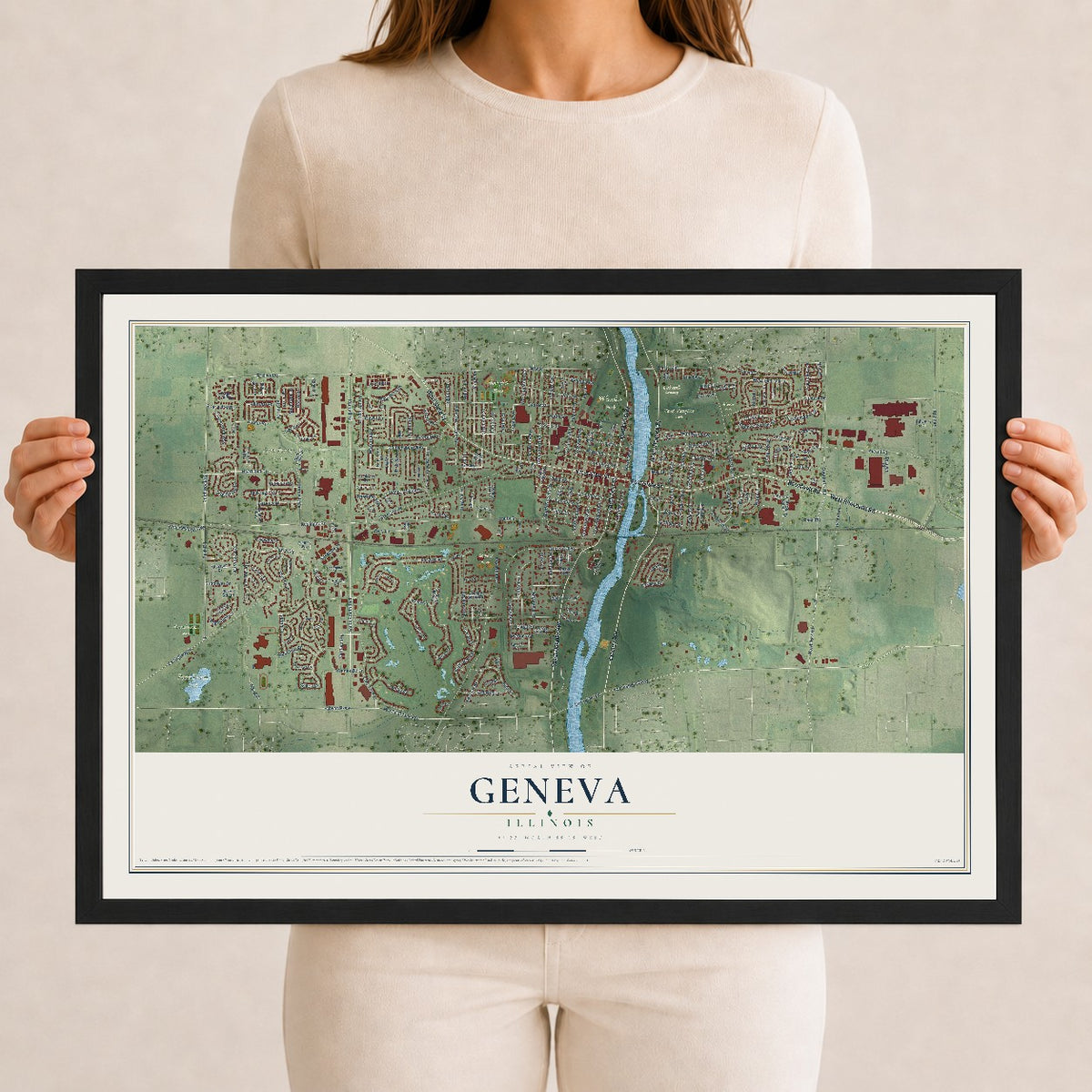 Map of Geneva, Illinois, 12 x 18 inch print in a black wood frame