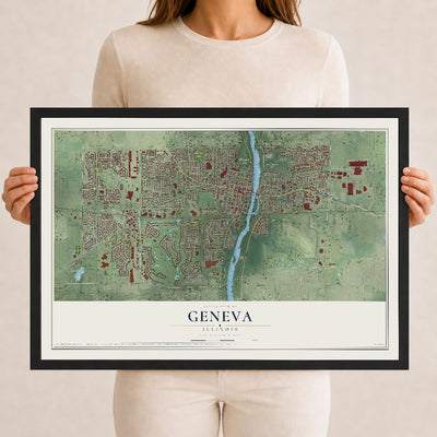 Map of Geneva, Illinois, 12 x 18 inch print in a black wood frame
