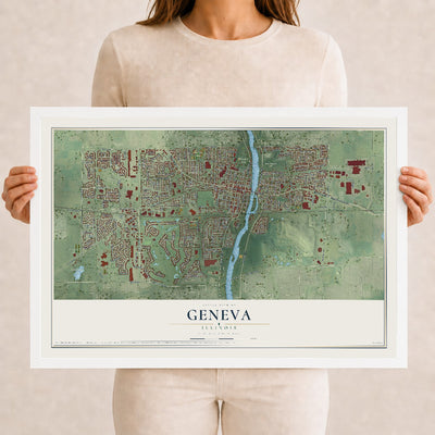 Map of Geneva, Illinois, 12 x 18 inch print in a white wood frame