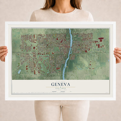Map of Geneva, Illinois, 18 x 24 inch print in a white wood frame