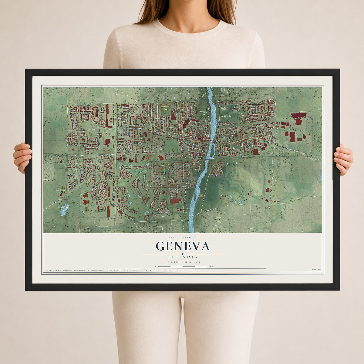 Map of Geneva, Illinois, 24 x 36 inch print in a black wood frame