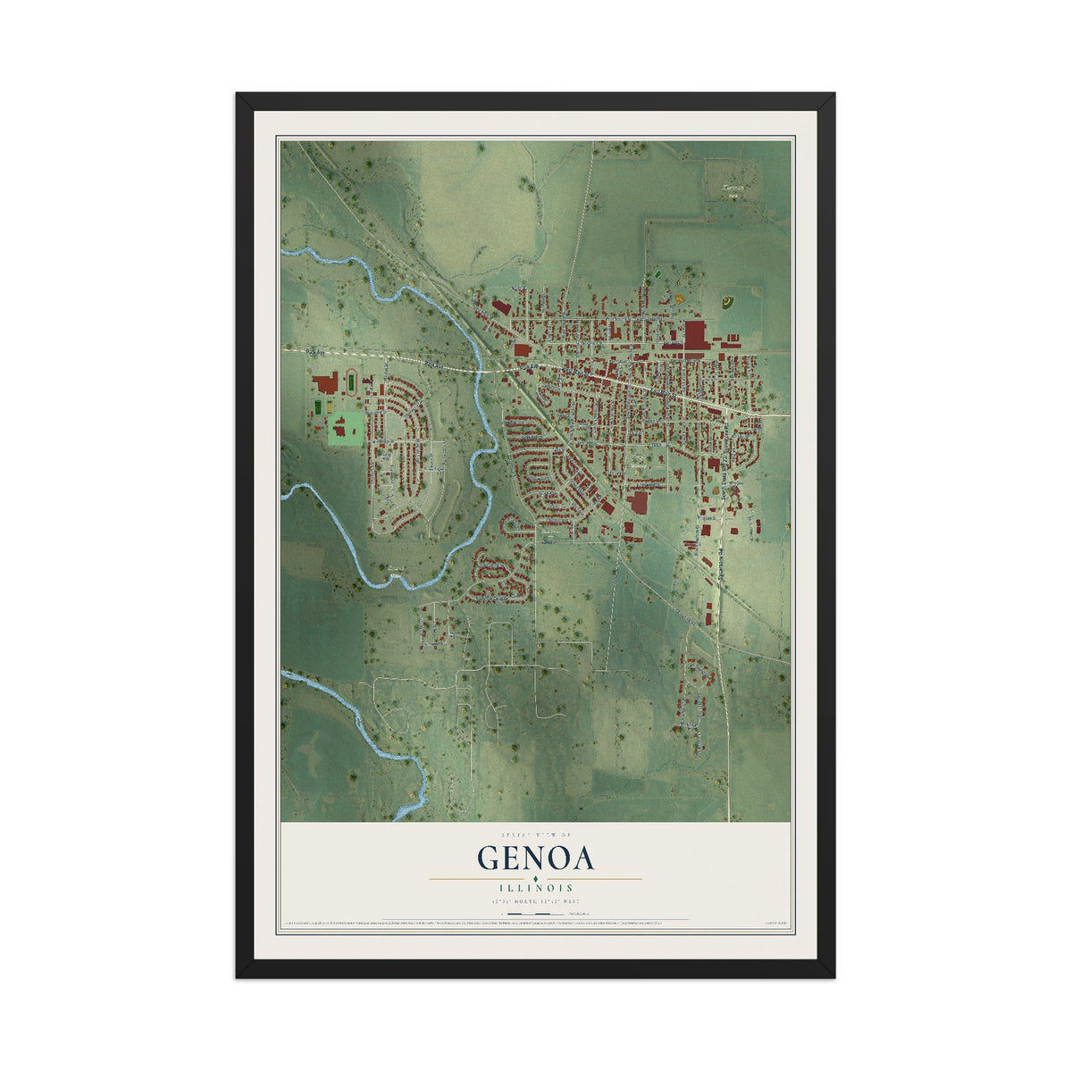 Map of Genoa, Illinois, 12 x 18 inch print in a black wood frame