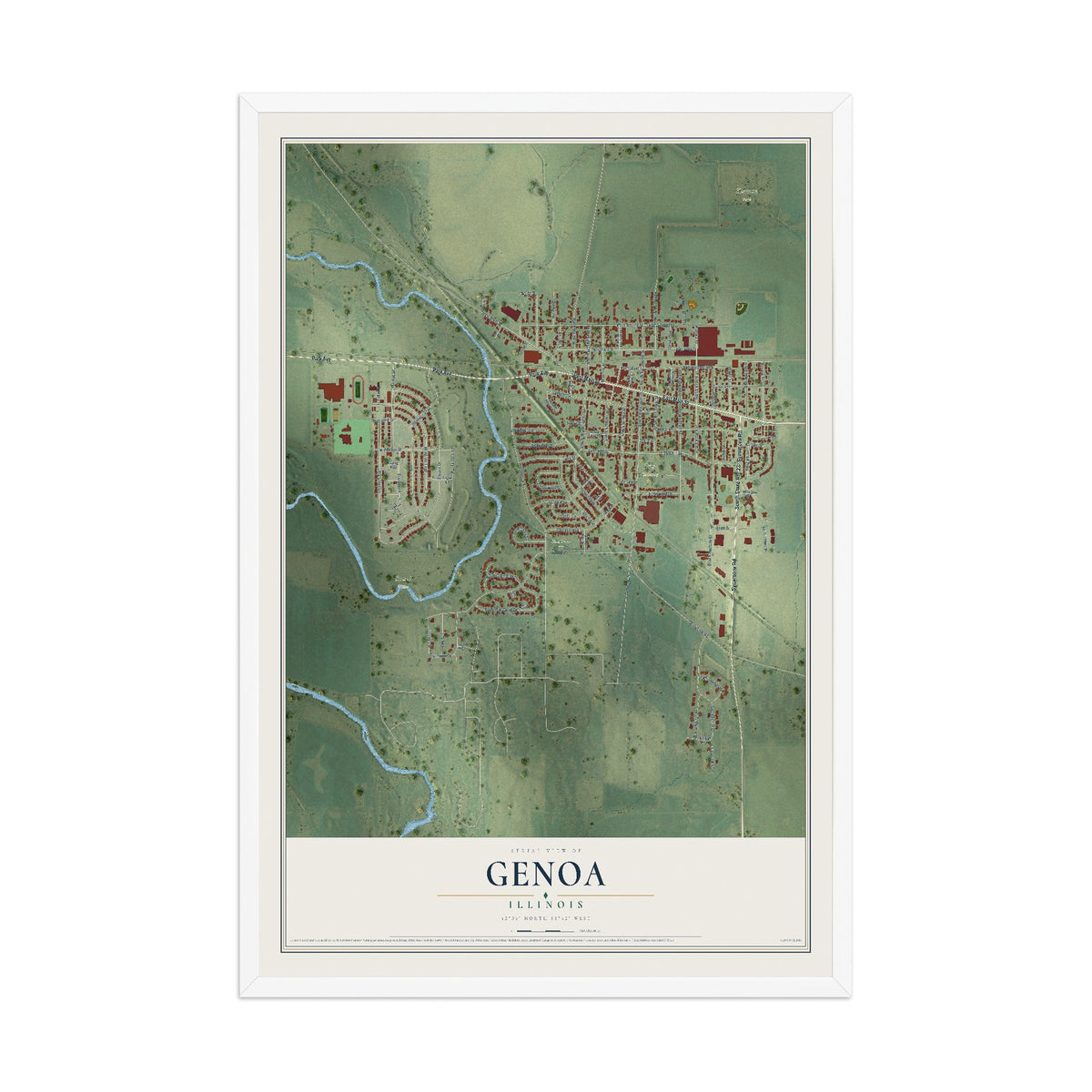 Map of Genoa, Illinois, 12 x 18 inch print in a white wood frame