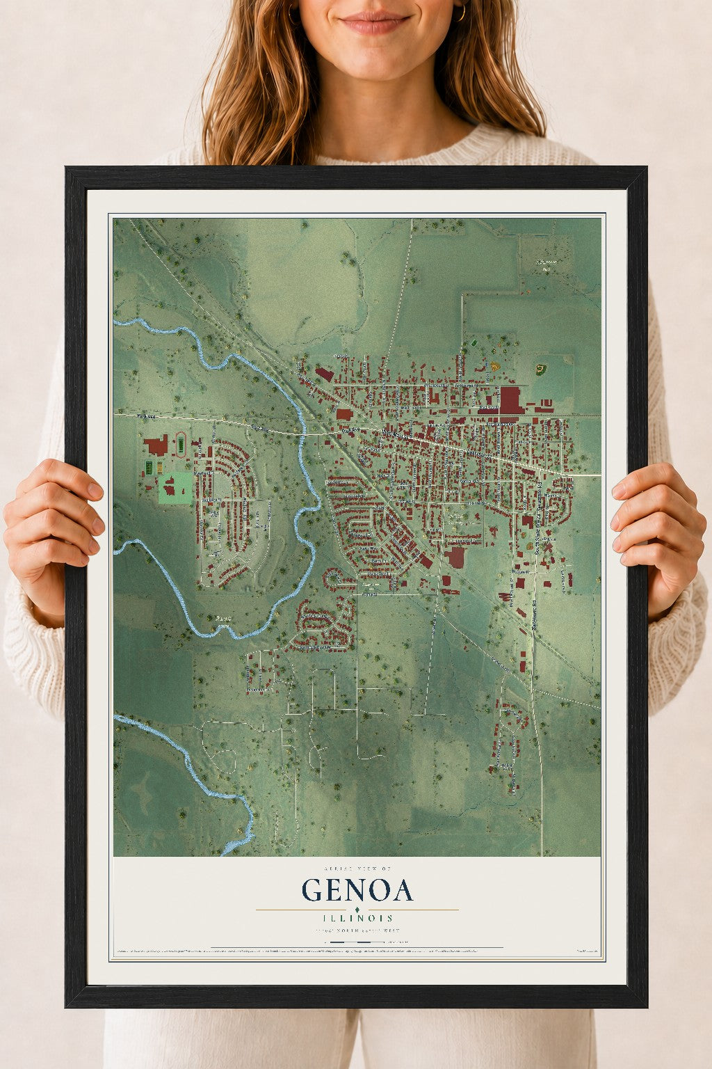 Map of Genoa, Illinois, 18 x 24 inch print in a black wood frame