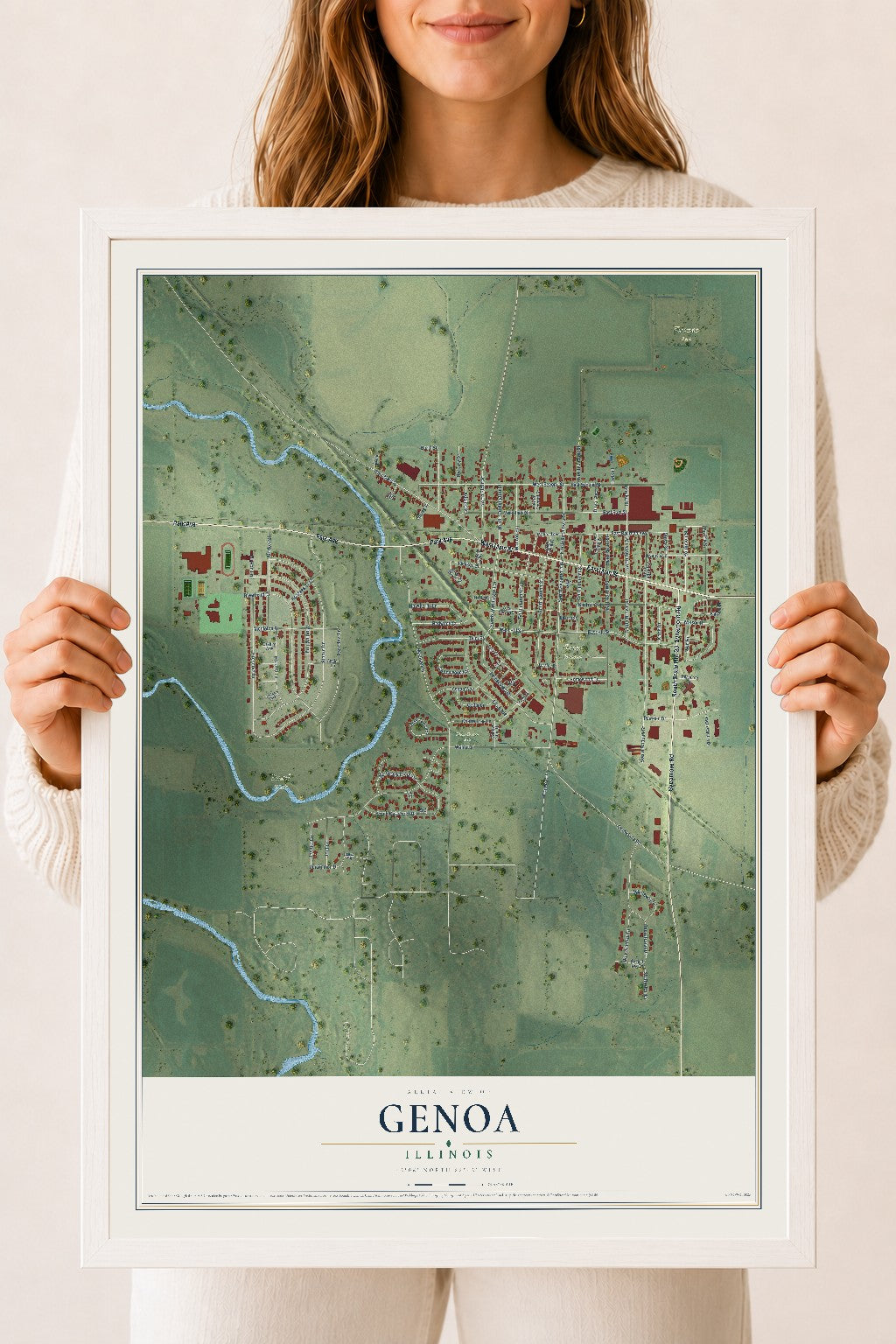 Map of Genoa, Illinois, 18 x 24 inch print in a white wood frame