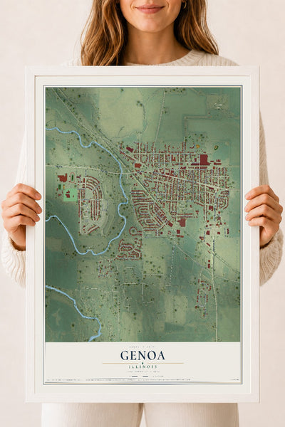 Map of Genoa, Illinois, 18 x 24 inch print in a white wood frame