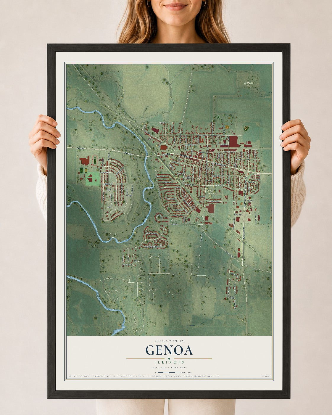 Map of Genoa, Illinois, 24 x 36 inch print in a black wood frame