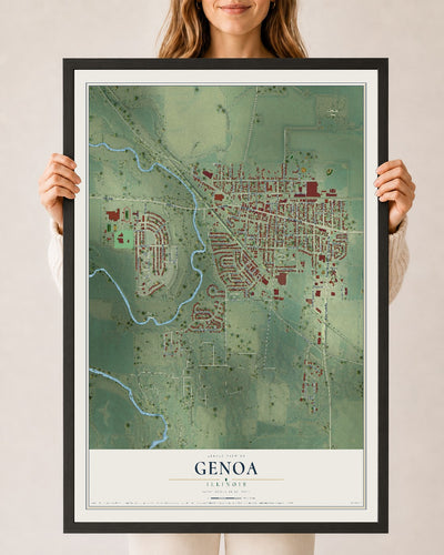 Map of Genoa, Illinois, 24 x 36 inch print in a black wood frame
