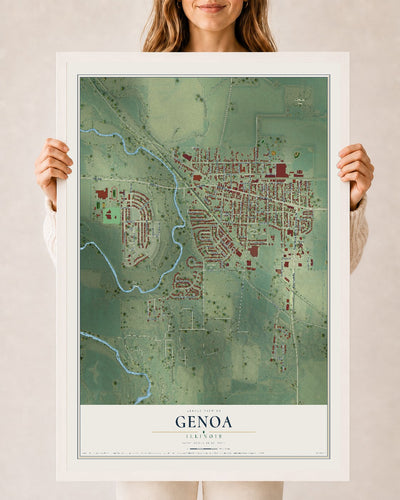 Map of Genoa, Illinois, 24 x 36 inch print in a white wood frame