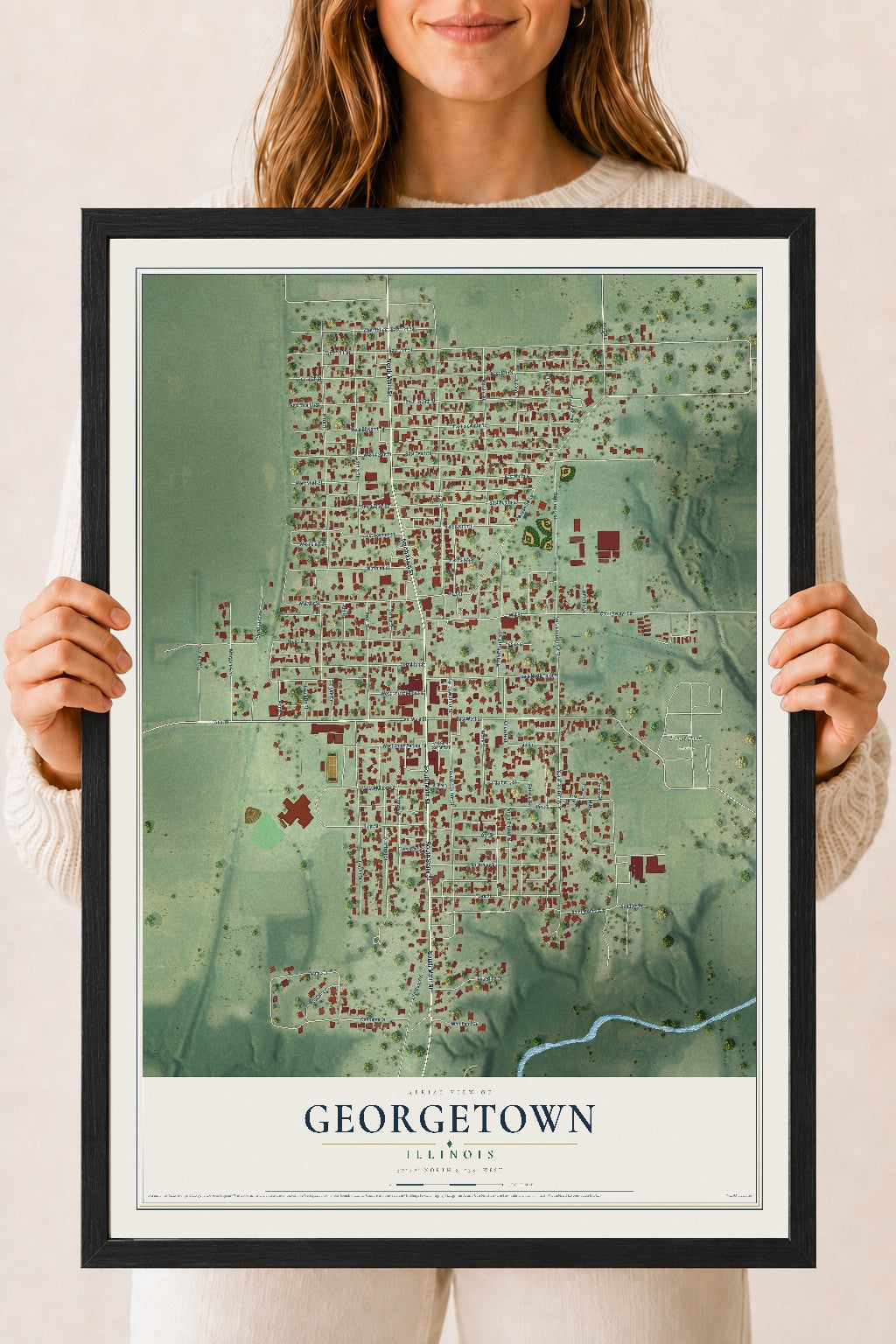 Map of Georgetown, Illinois, 18 x 24 inch print in a black wood frame