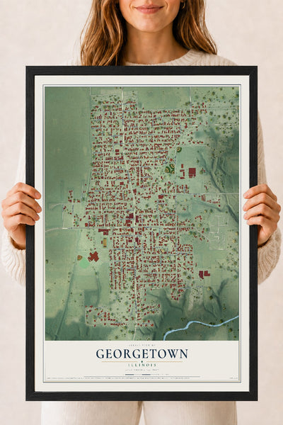 Map of Georgetown, Illinois, 18 x 24 inch print in a black wood frame