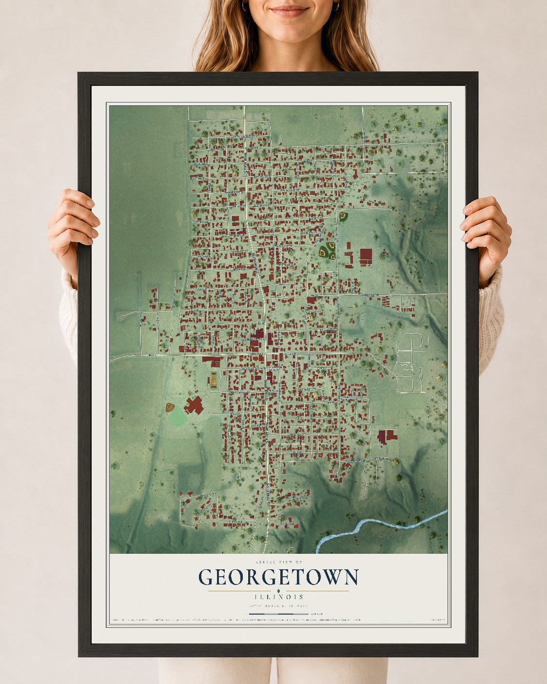 Map of Georgetown, Illinois, 24 x 36 inch print in a black wood frame