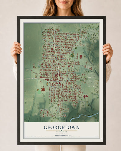 Map of Georgetown, Illinois, 24 x 36 inch print in a black wood frame