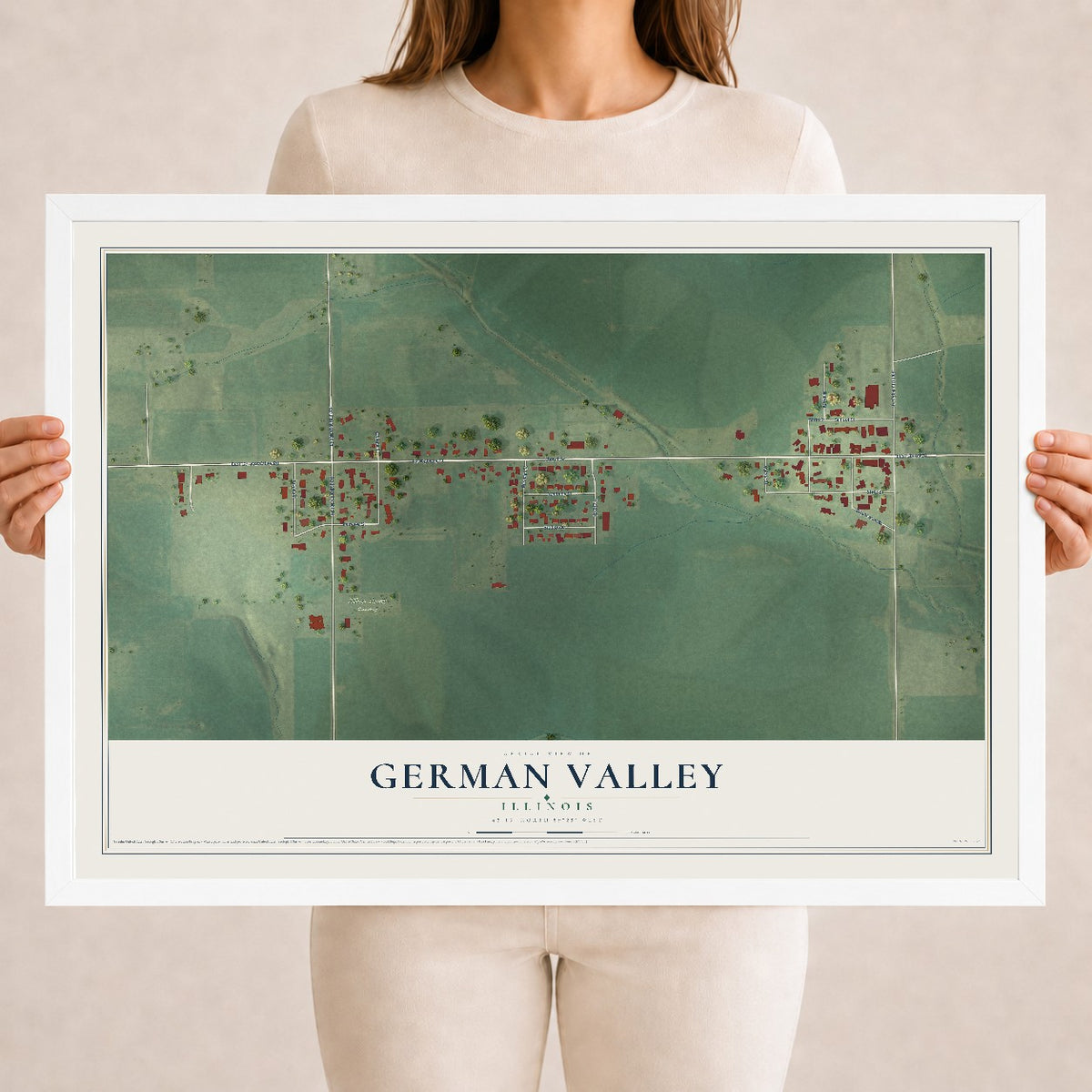 Map of German Valley, Illinois, 18 x 24 inch print in a white wood frame