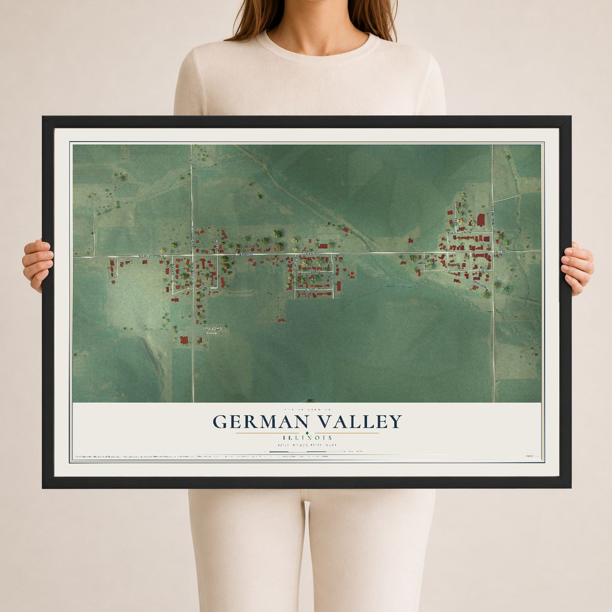 Map of German Valley, Illinois, 24 x 36 inch print in a black wood frame