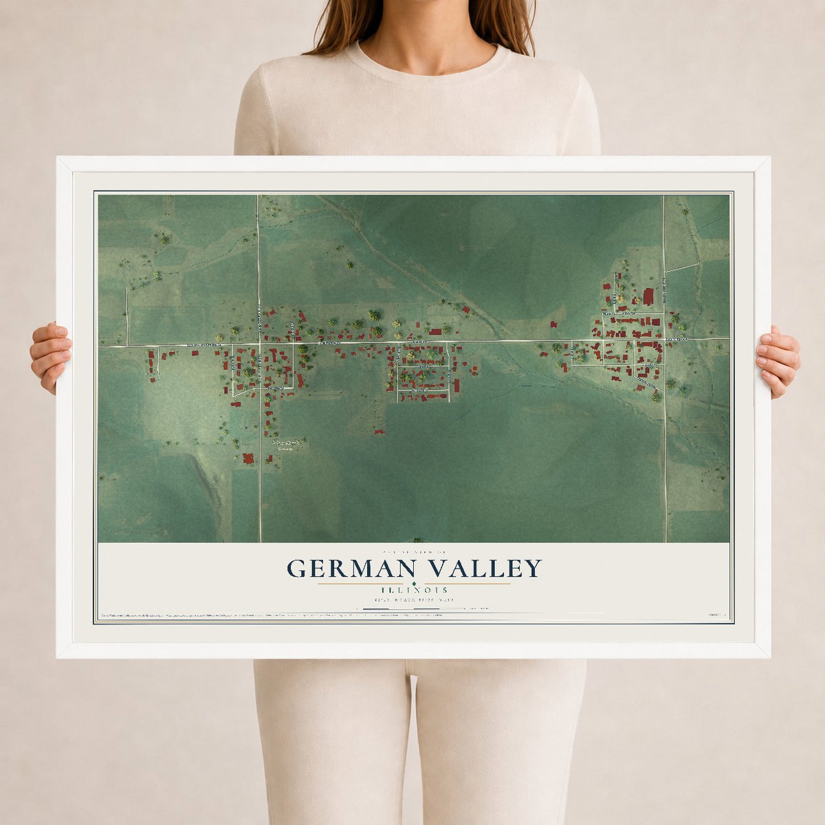 Map of German Valley, Illinois, 24 x 36 inch print in a white wood frame