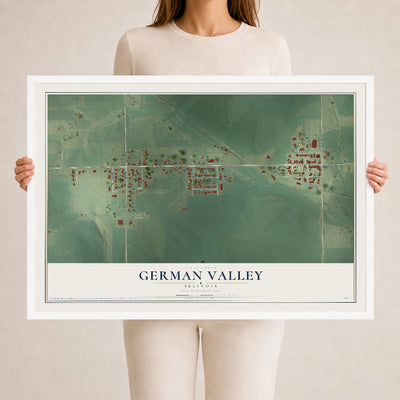 Map of German Valley, Illinois, 24 x 36 inch print in a white wood frame