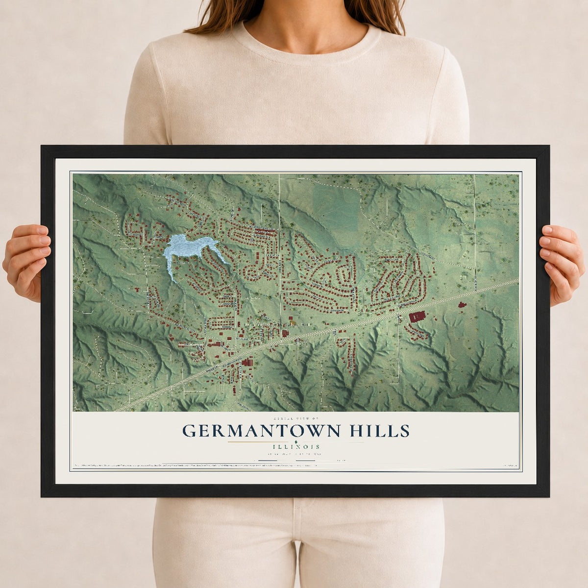Map of Germantown Hills, Illinois, 12 x 18 inch print in a black wood frame