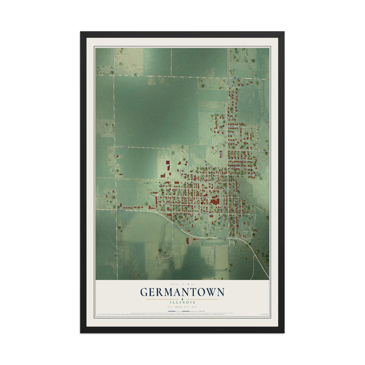 Map of Germantown, Illinois, 12 x 18 inch print in a black wood frame