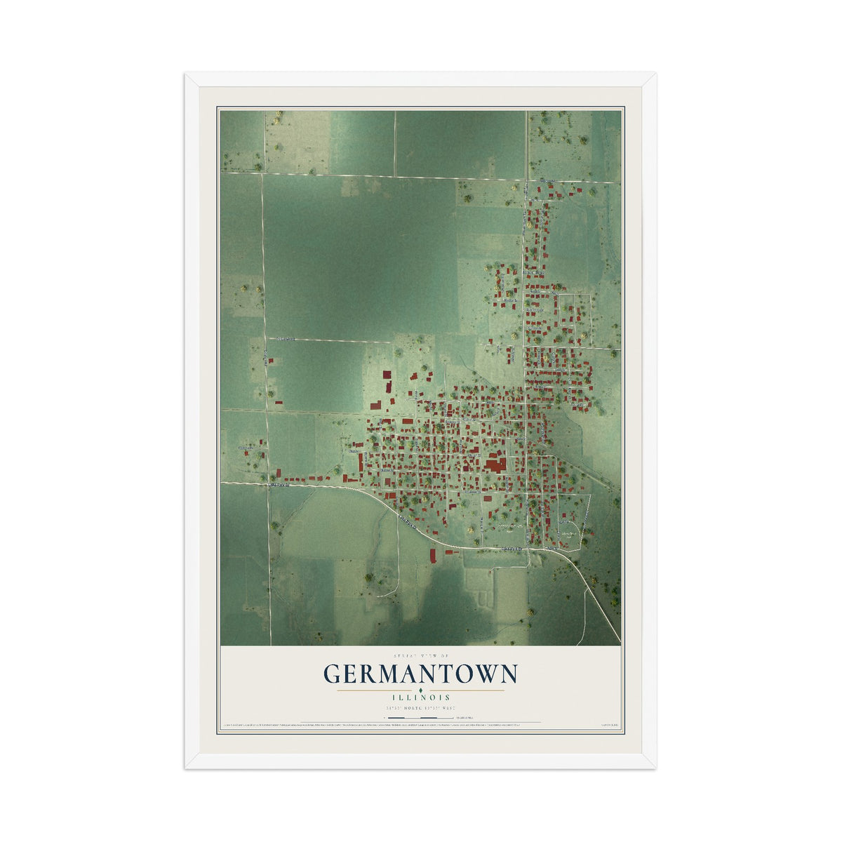Map of Germantown, Illinois, 12 x 18 inch print in a white wood frame