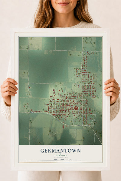 Map of Germantown, Illinois, 18 x 24 inch print in a white wood frame