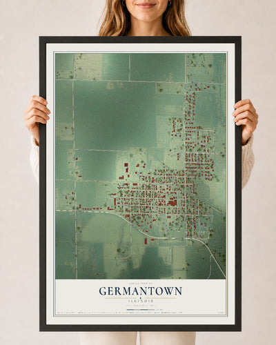 Map of Germantown, Illinois, 24 x 36 inch print in a black wood frame