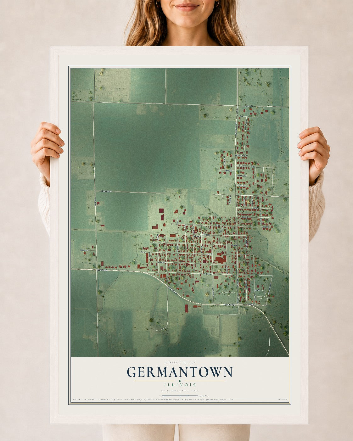 Map of Germantown, Illinois, 24 x 36 inch print in a white wood frame