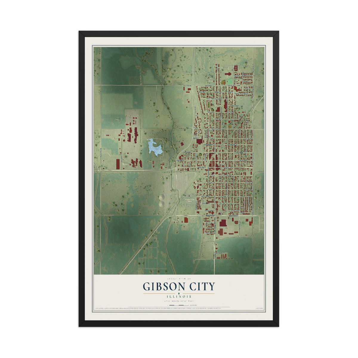 Map of Gibson City, Illinois, 12 x 18 inch print in a black wood frame
