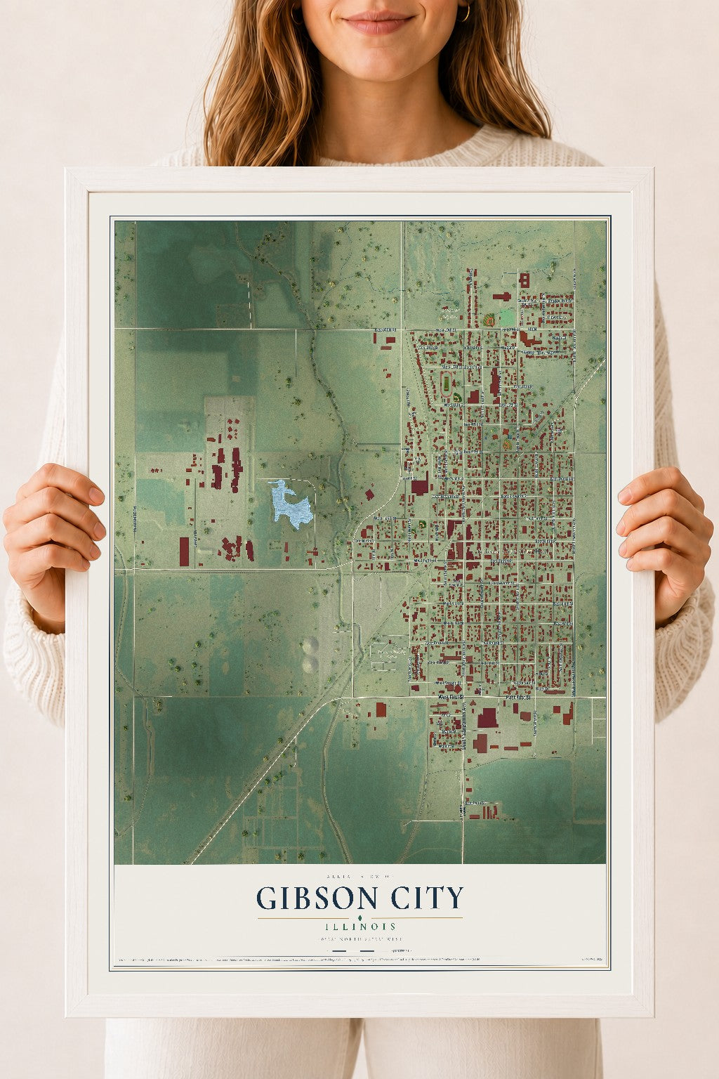 Map of Gibson City, Illinois, 18 x 24 inch print in a white wood frame