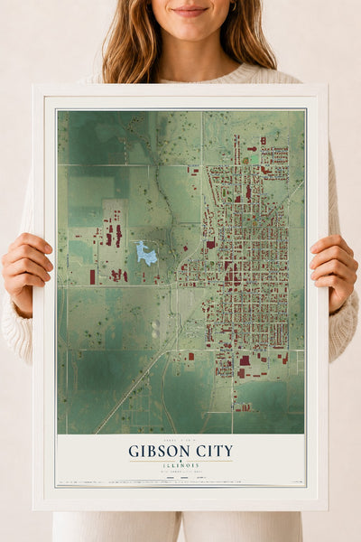Map of Gibson City, Illinois, 18 x 24 inch print in a white wood frame