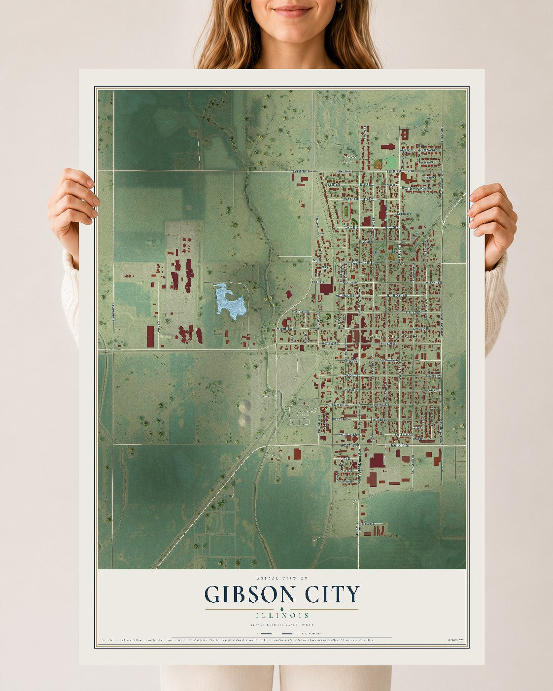 Map of Gibson City, Illinois, 24 x 36 inch unframed archival matte print