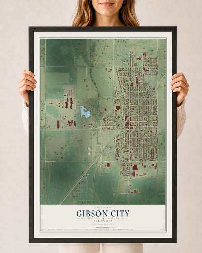 Map of Gibson City, Illinois, 24 x 36 inch print in a black wood frame