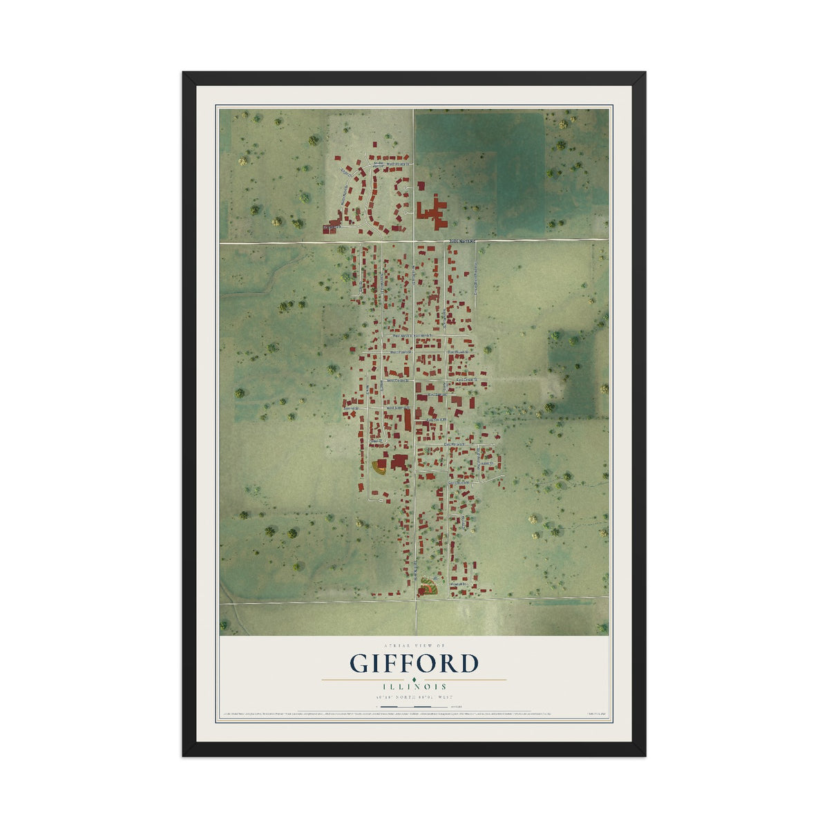 Map of Gifford, Illinois, 12 x 18 inch print in a black wood frame