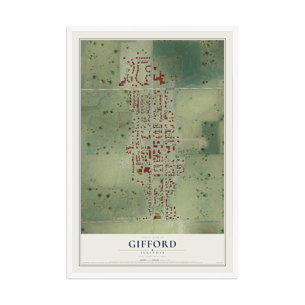 Map of Gifford, Illinois, 12 x 18 inch print in a white wood frame