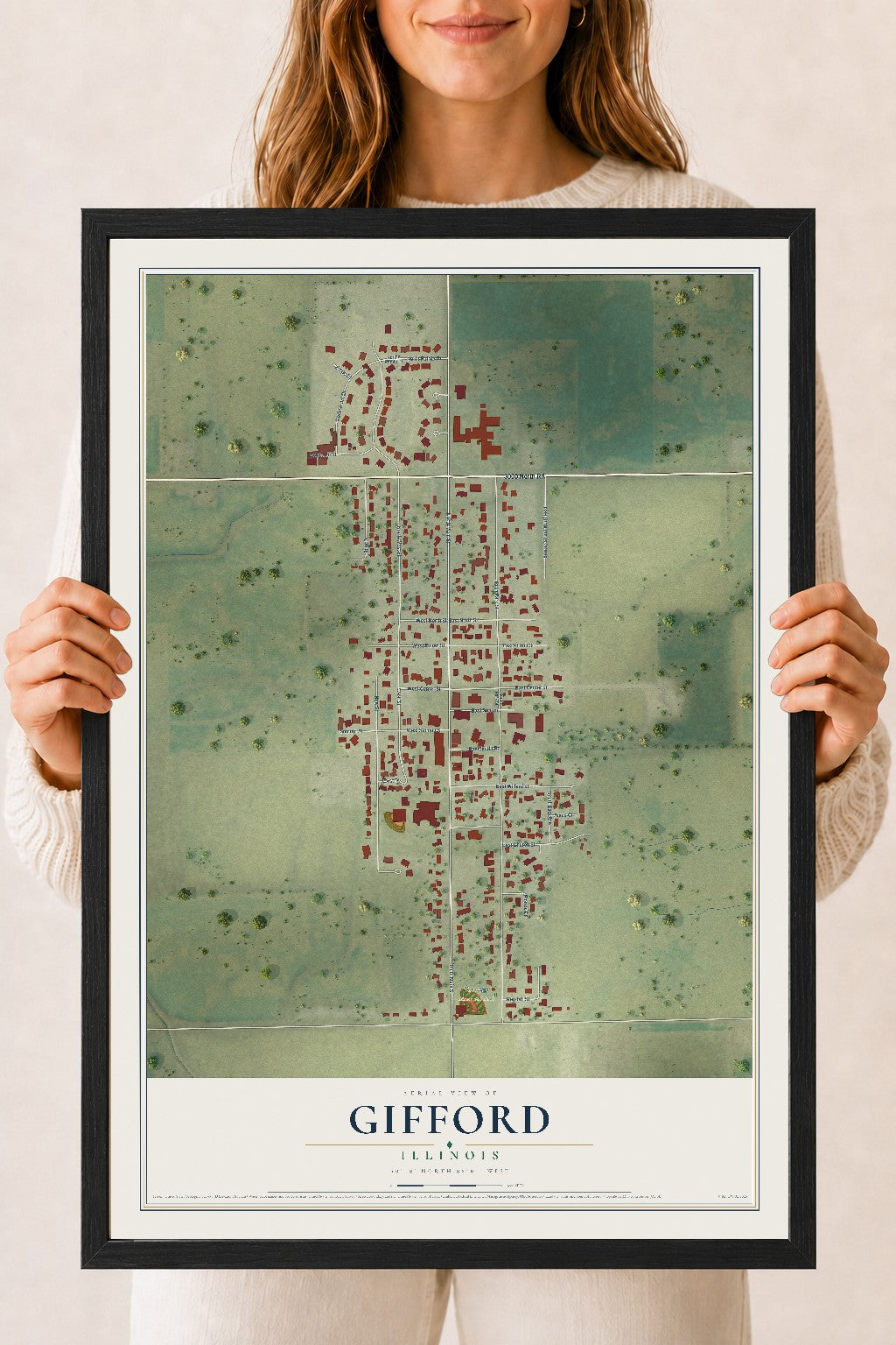 Map of Gifford, Illinois, 18 x 24 inch print in a black wood frame