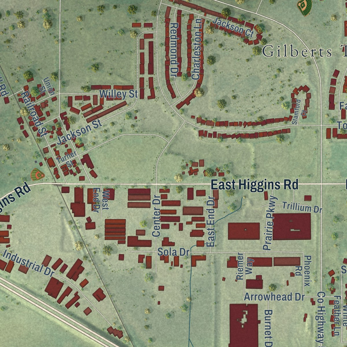 Close-up of the map of Gilberts, Illinois print showing street and building detail