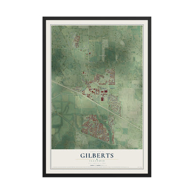 Map of Gilberts, Illinois, 12 x 18 inch print in a black wood frame