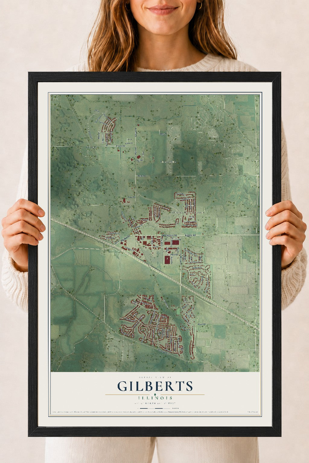 Map of Gilberts, Illinois, 18 x 24 inch print in a black wood frame