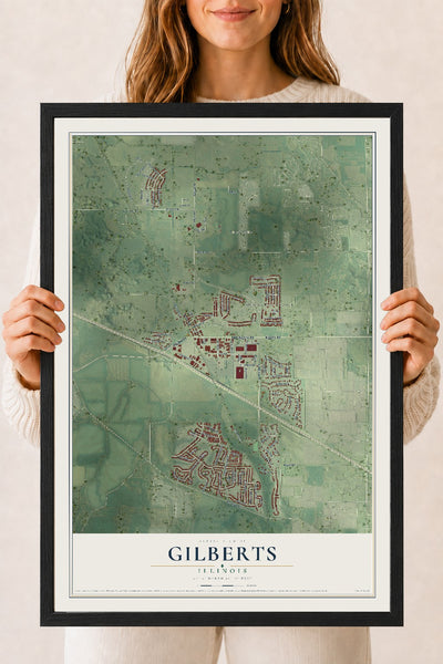 Map of Gilberts, Illinois, 18 x 24 inch print in a black wood frame