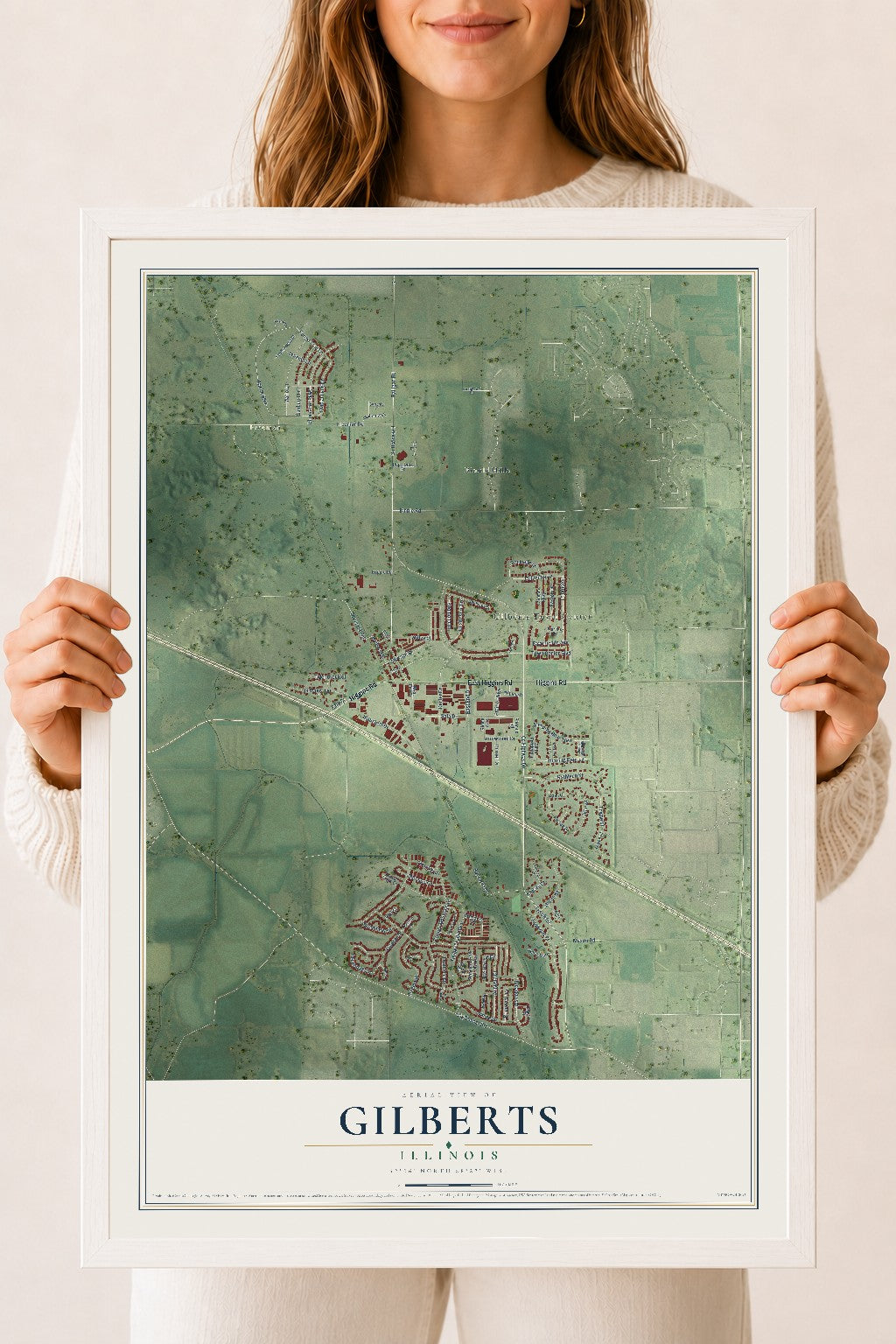 Map of Gilberts, Illinois, 18 x 24 inch print in a white wood frame