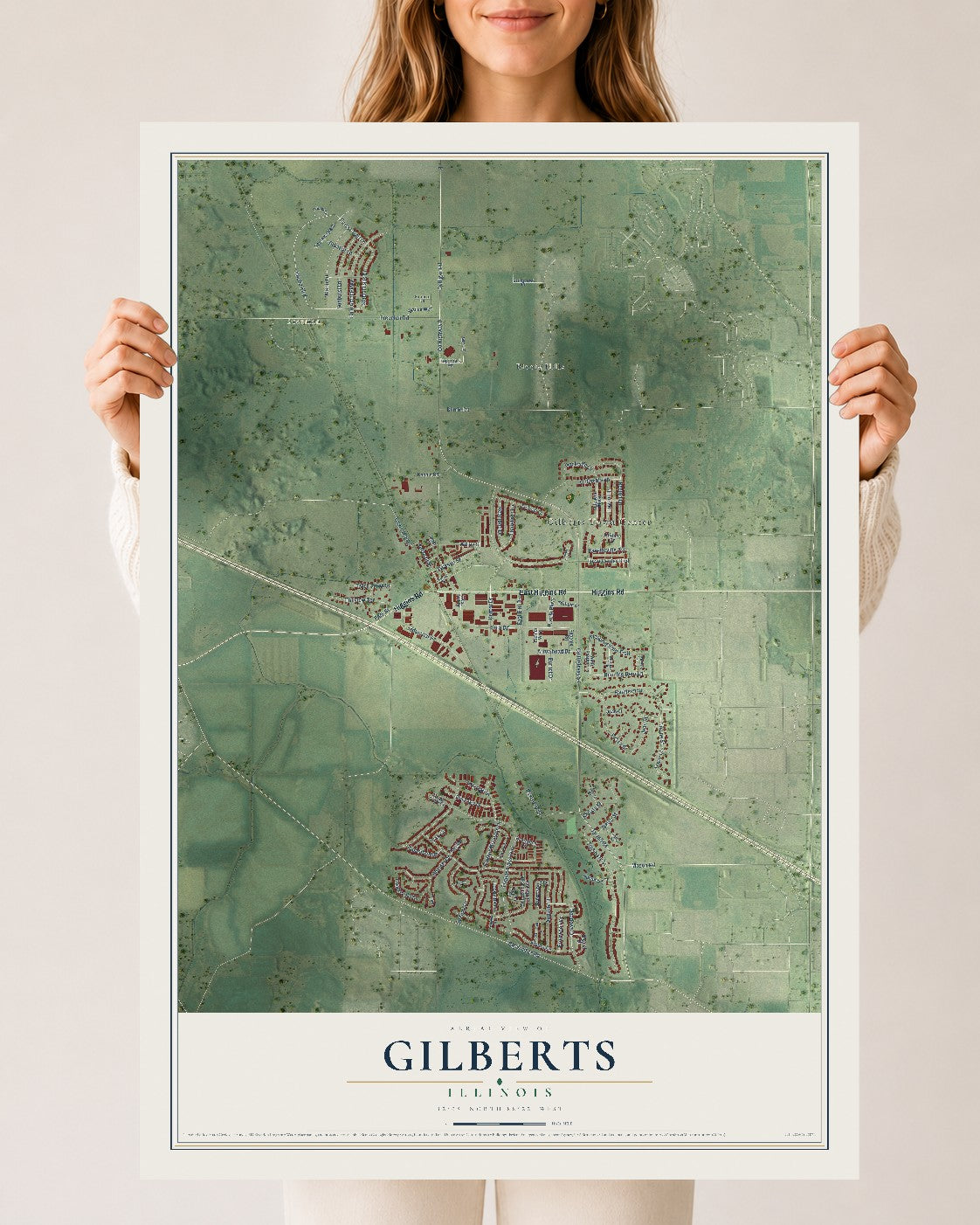 Map of Gilberts, Illinois, 24 x 36 inch unframed archival matte print
