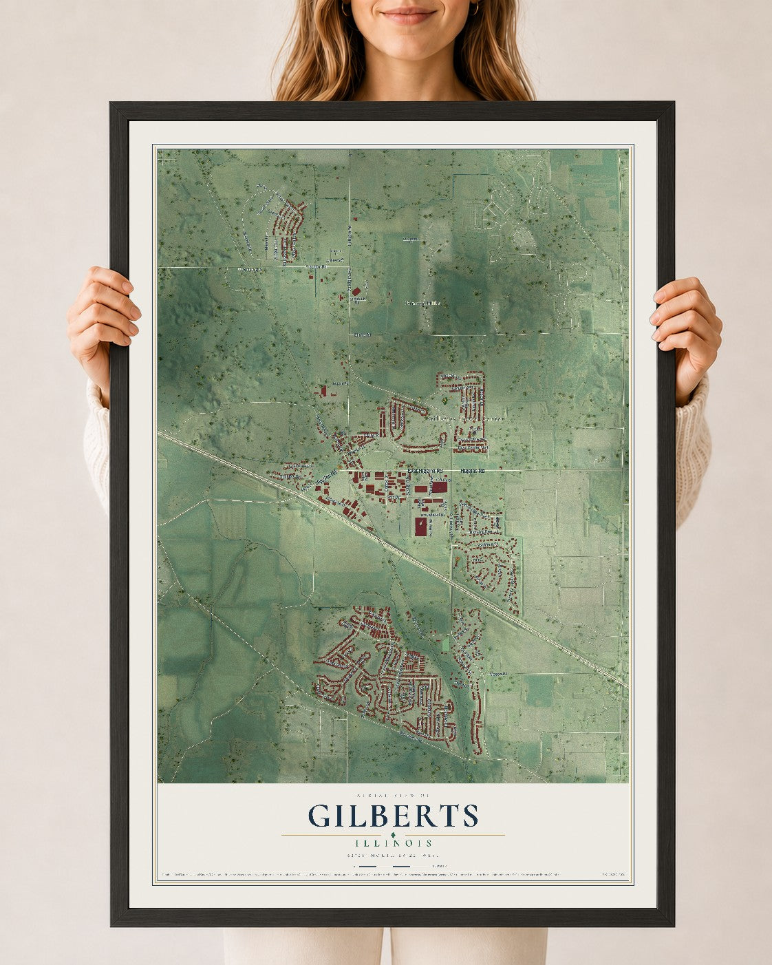 Map of Gilberts, Illinois, 24 x 36 inch print in a black wood frame
