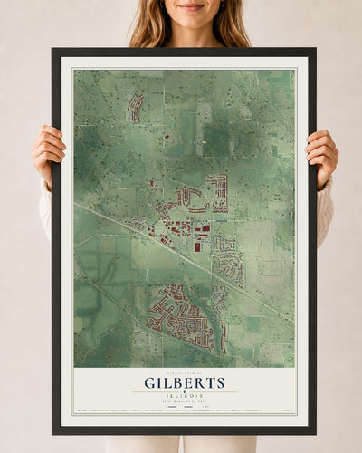 Map of Gilberts, Illinois, 24 x 36 inch print in a black wood frame