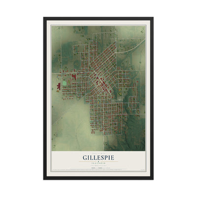 Map of Gillespie, Illinois, 12 x 18 inch print in a black wood frame