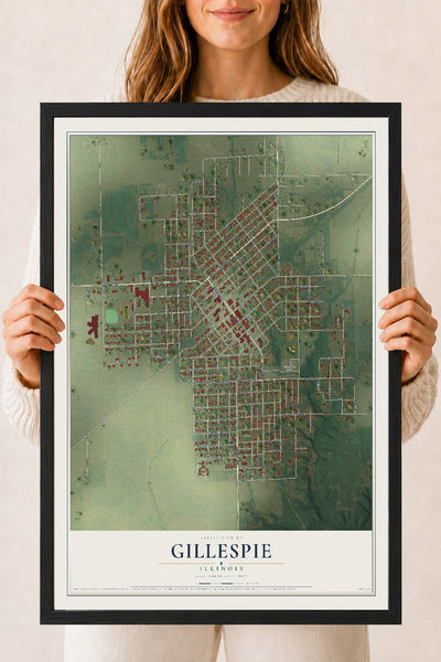 Map of Gillespie, Illinois, 18 x 24 inch print in a black wood frame