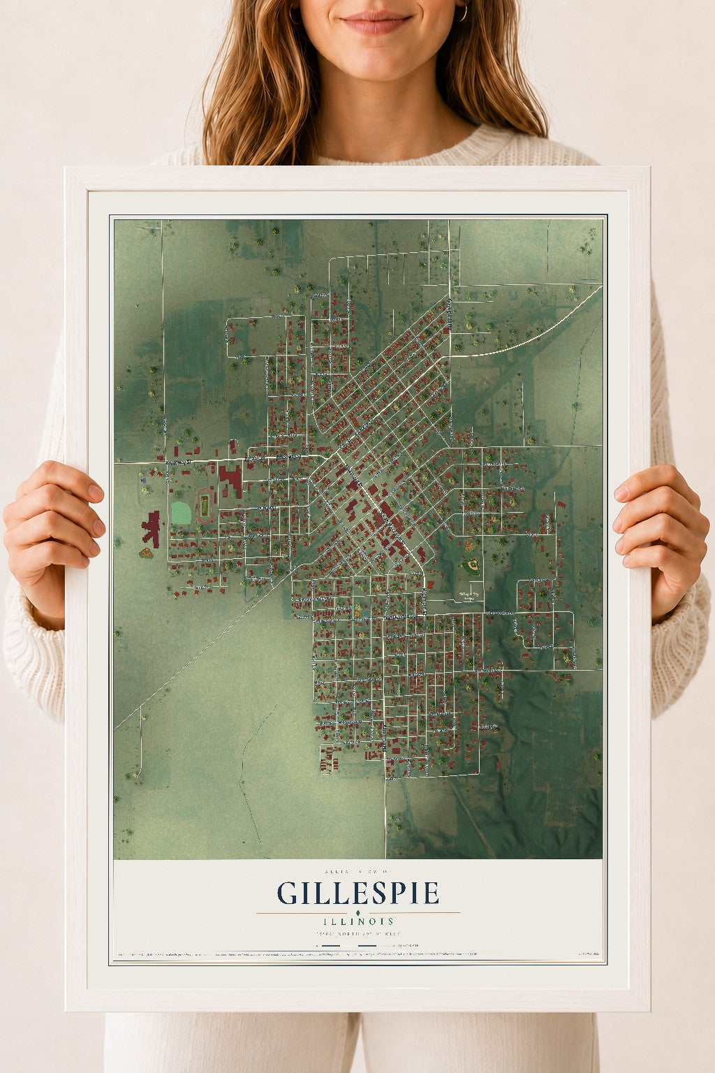 Map of Gillespie, Illinois, 18 x 24 inch print in a white wood frame