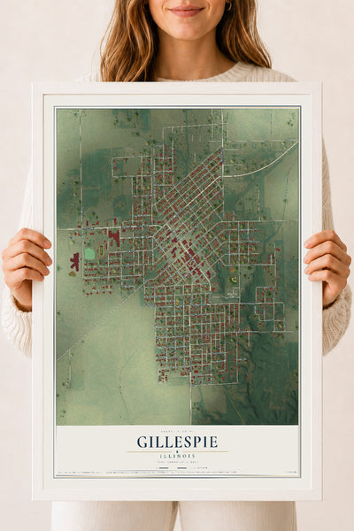 Map of Gillespie, Illinois, 18 x 24 inch print in a white wood frame