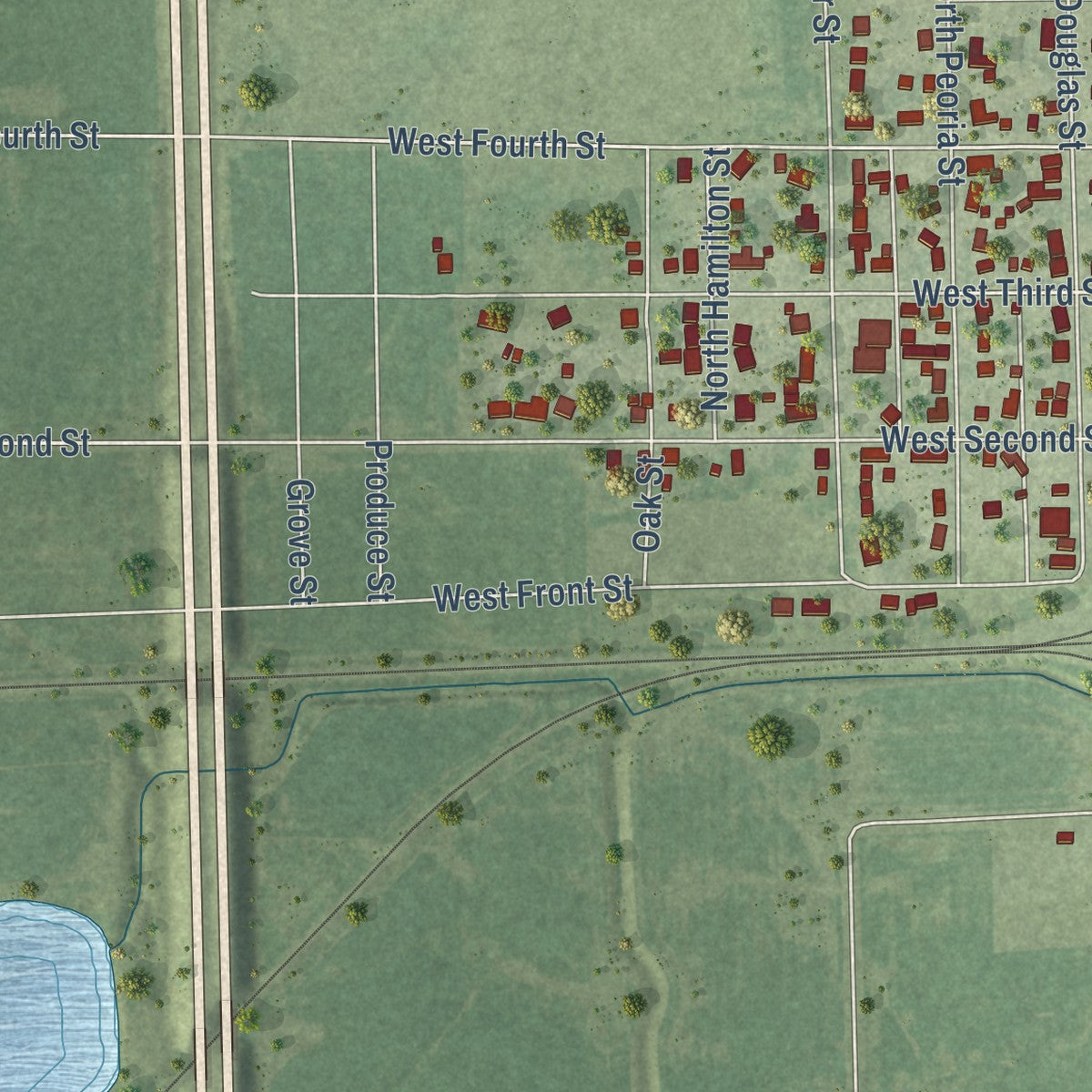 Second close-up of the map of Gilman, Illinois print showing more streets and buildings