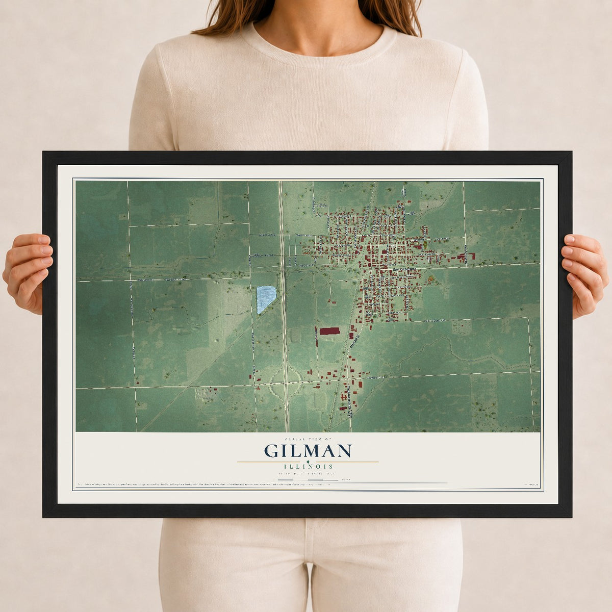 Map of Gilman, Illinois, 12 x 18 inch print in a black wood frame