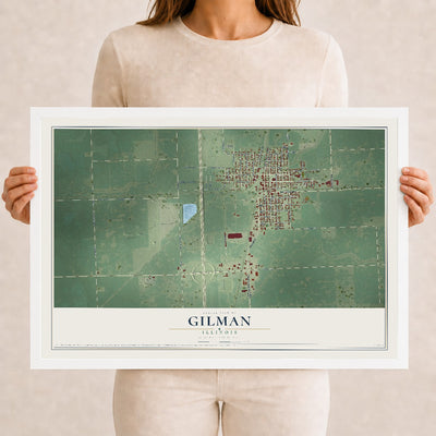 Map of Gilman, Illinois, 12 x 18 inch print in a white wood frame